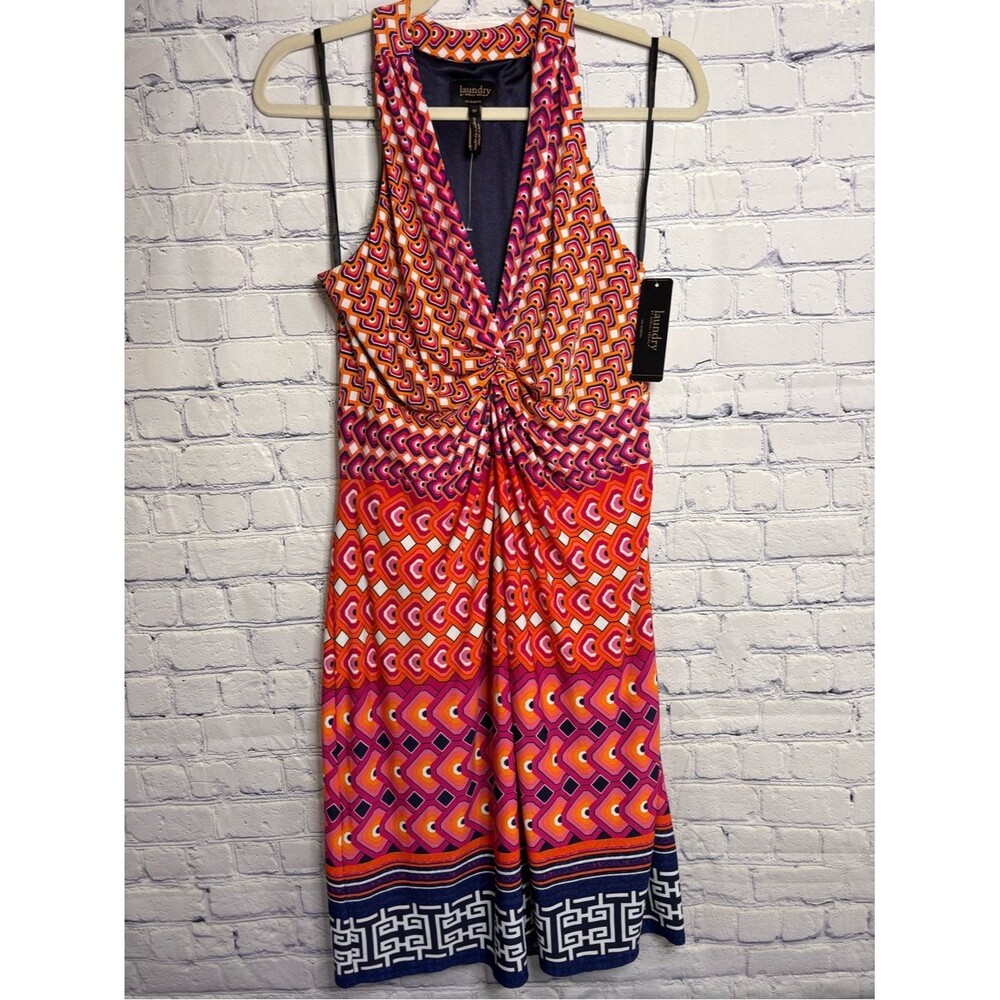 NWT Laundry by Shelli Segal Vibrant Orange Navy Sleeveless Geo Party Dress 10